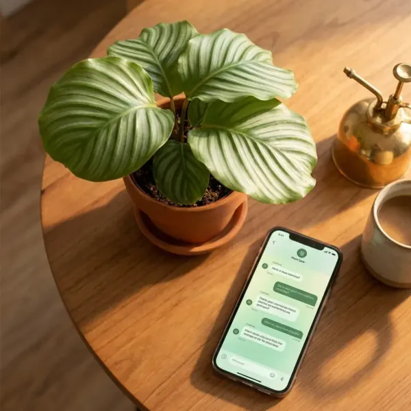 Smartphone affichant une conversation de conseil IA posé sur une table à côté d'une Calathea