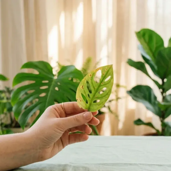 Main tenant une feuille de plante avec des taches jaunes et brunes pour diagnostic