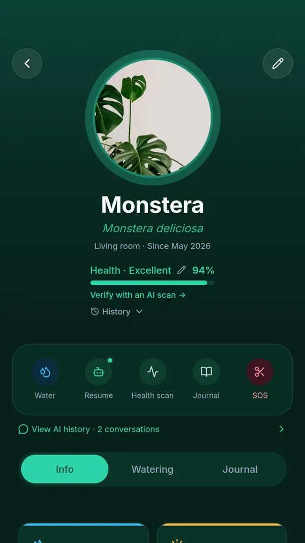 Plant profile of a Monstera deliciosa in SPRAIA: 94 % health, Water, Health Scan, Journal and SOS buttons