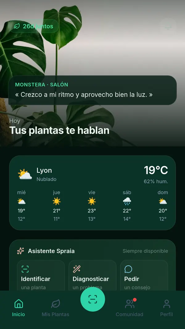 Pantalla de inicio de SPRAIA en Android: mensaje del día de una Monstera del salón, tiempo local a 19 °C y accesos directos Identificar, Diagnosticar, Preguntar