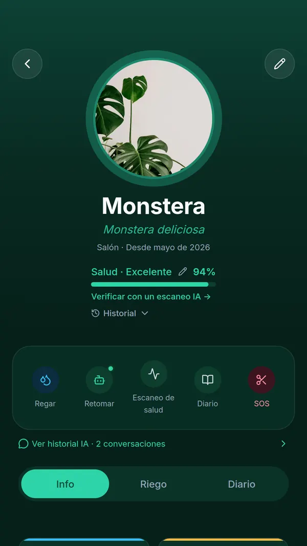 Ficha de planta de una Monstera deliciosa en SPRAIA: salud del 94 %, botones Regar, Escaneo de salud, Diario y SOS