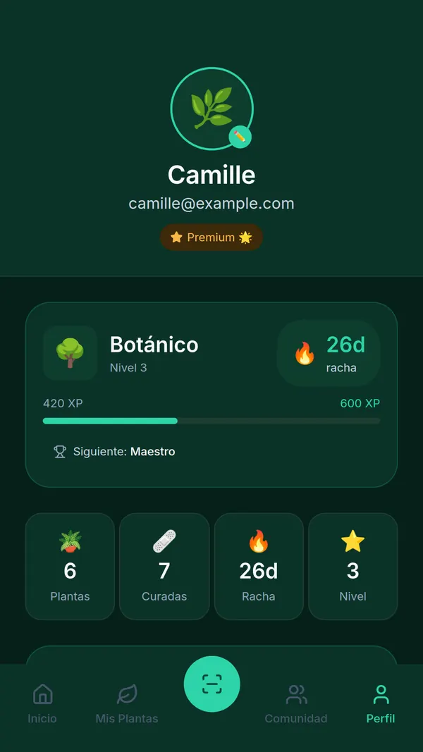 Perfil de SPRAIA: nivel Botánico, 420 de 600 XP, racha de 26 días y estadísticas de cuidado