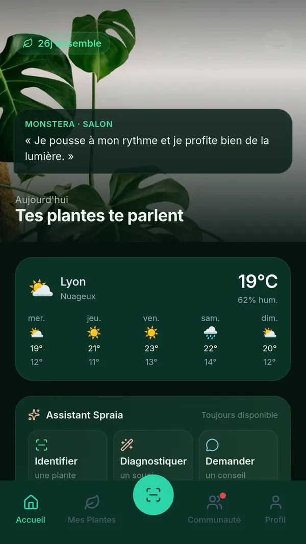 Écran d'accueil de SPRAIA sur Android : message du jour d'une Monstera du salon, météo de Lyon à 19 °C et raccourcis Identifier, Diagnostiquer, Demander