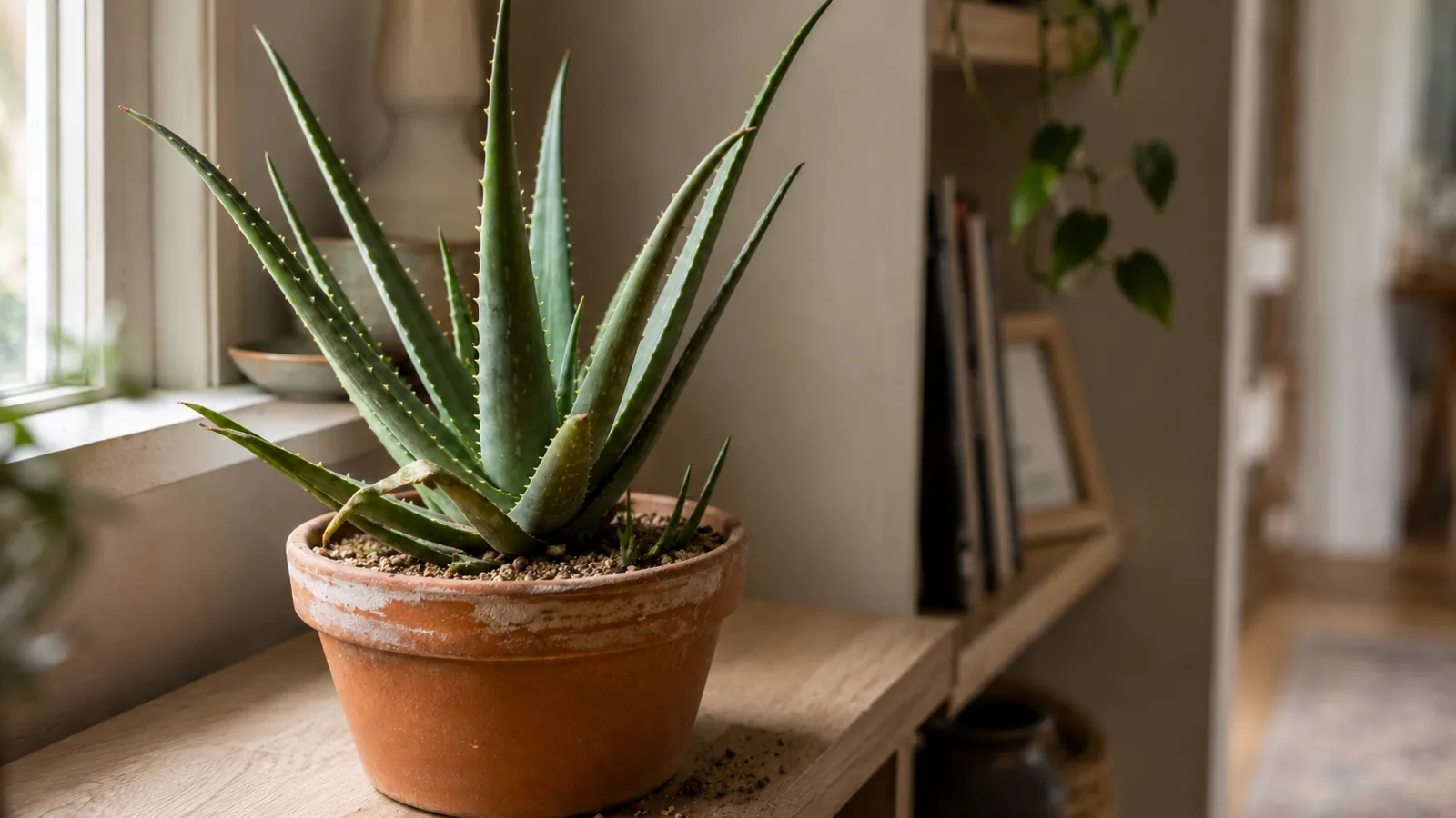 Aloe vera with fleshy serrated leaves in a terracotta pot by a bright window