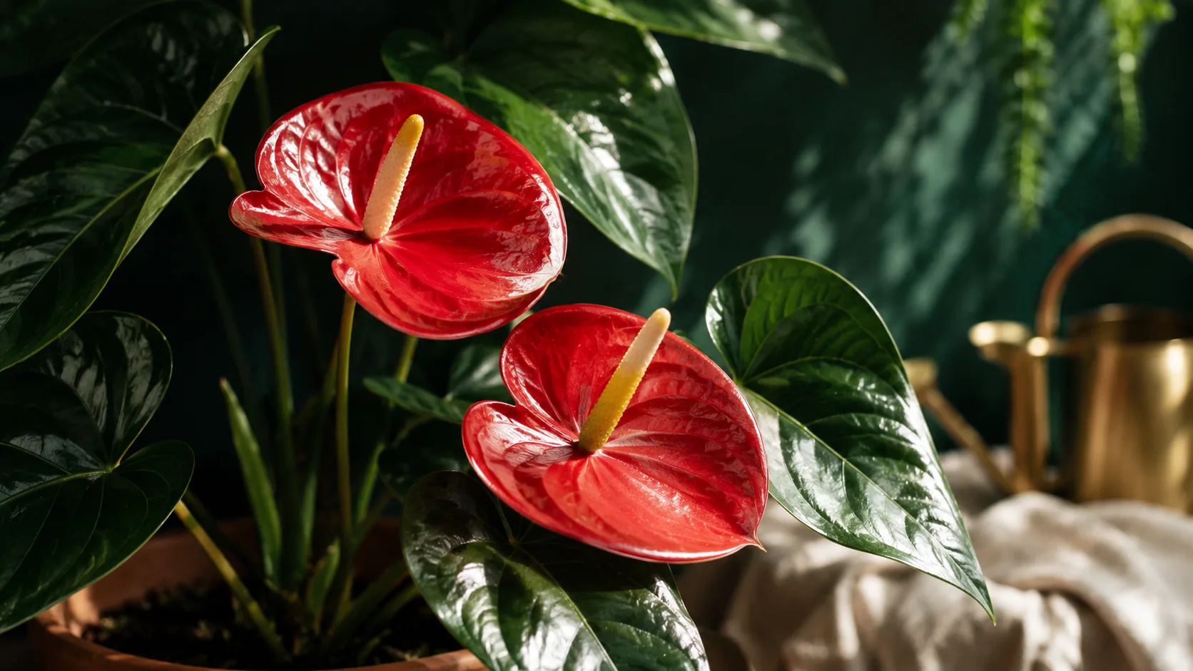 Anthurium andraeanum con espatas rojas brillantes y follaje verde intenso