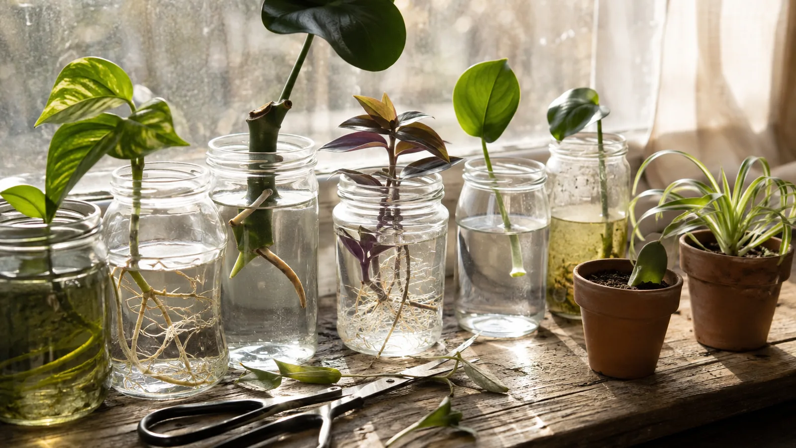 Boutures de plantes d'intérieur enracinant dans l'eau et en pot devant une fenêtre lumineuse d'été