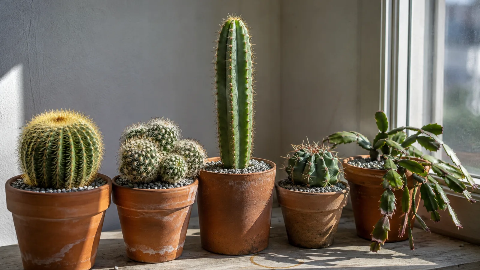Collection de cactus d'intérieur dans des pots en terre cuite devant une fenêtre très lumineuse
