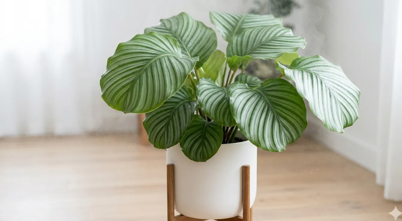 Calathea orbifolia aux larges feuilles rayées dans un pot blanc