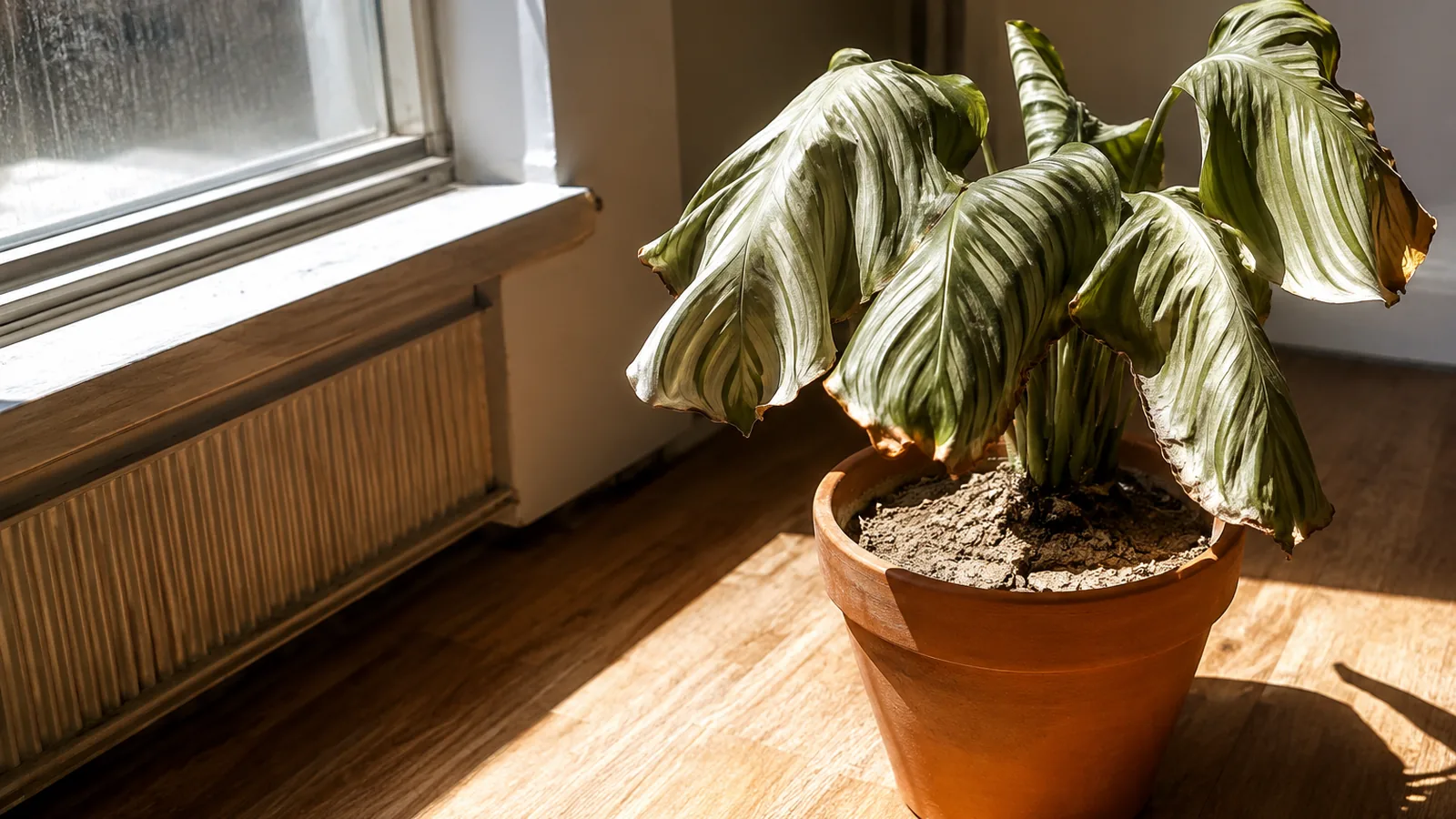 Plante d'intérieur près d'une fenêtre lumineuse pendant une journée de forte chaleur estivale