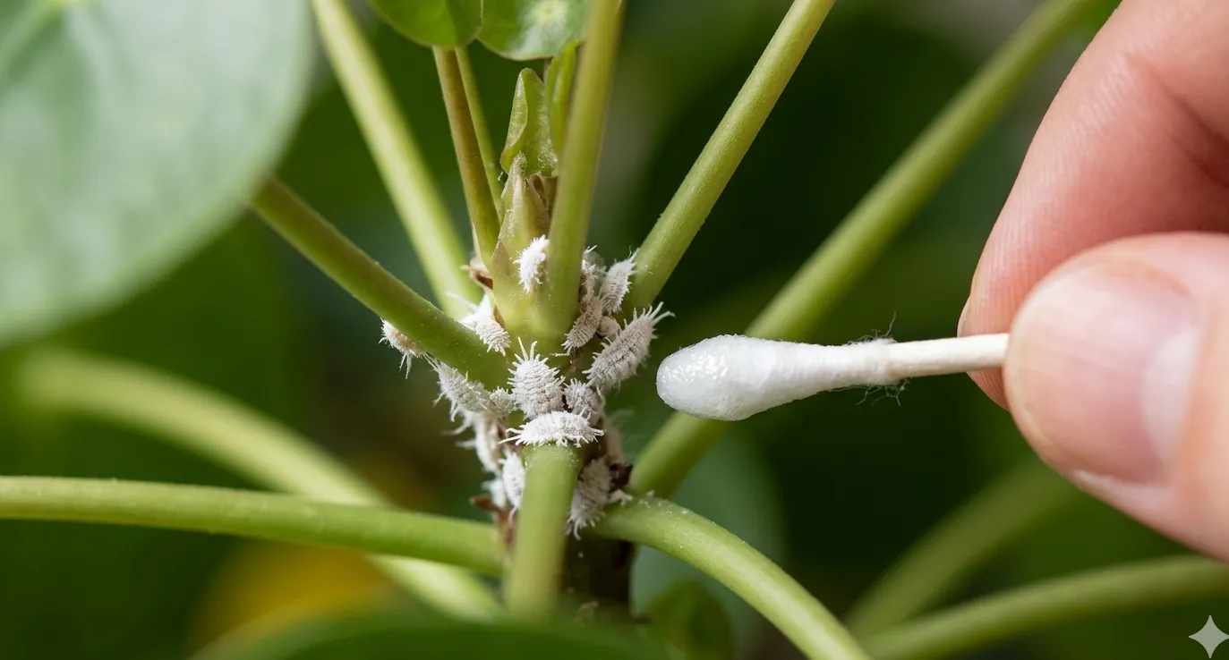 Gros plan sur des cochenilles farineuses blanches sur une tige de plante