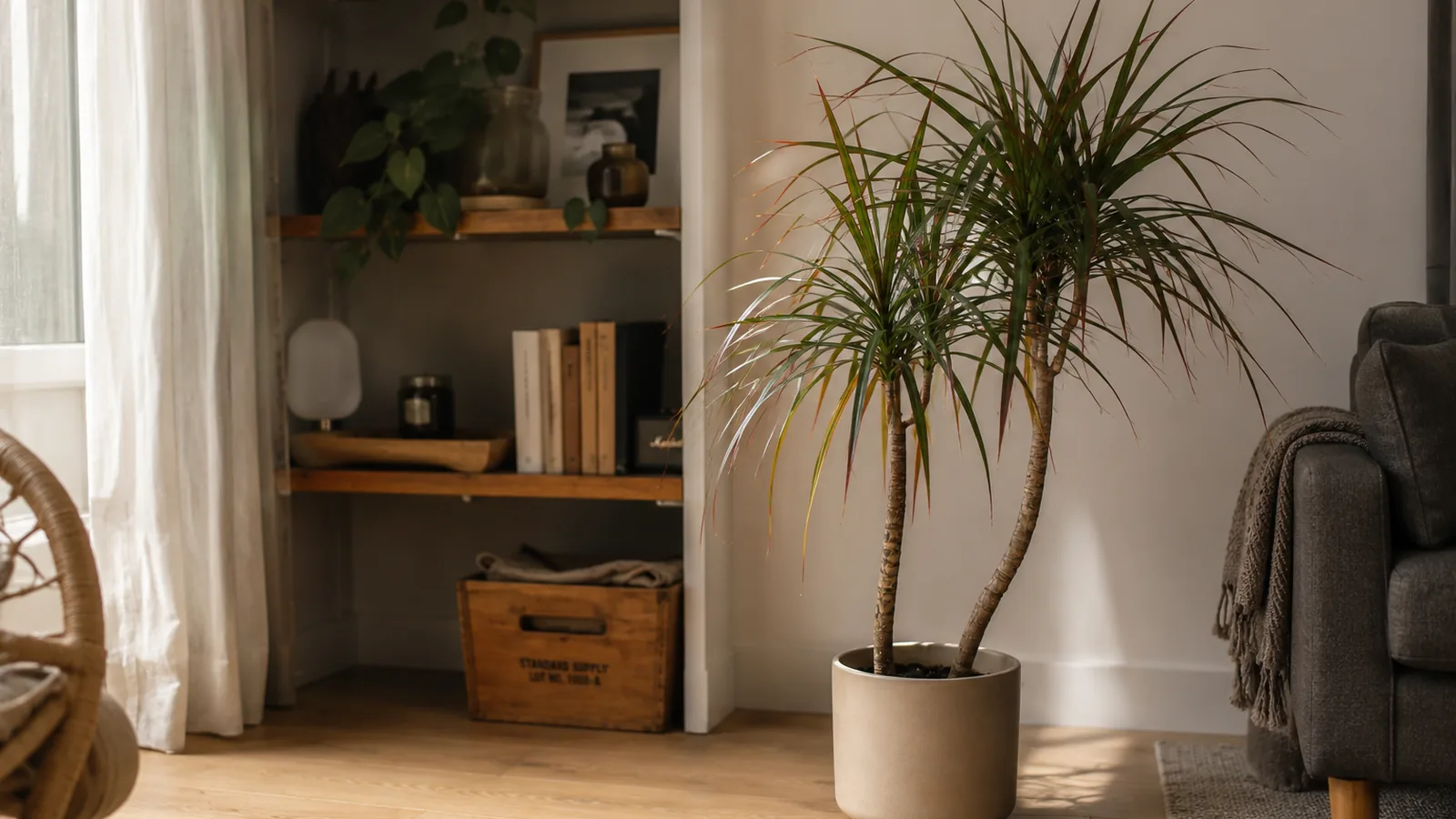 Dracaena marginata au tronc fin et à la couronne de feuilles étroites bordées de rouge