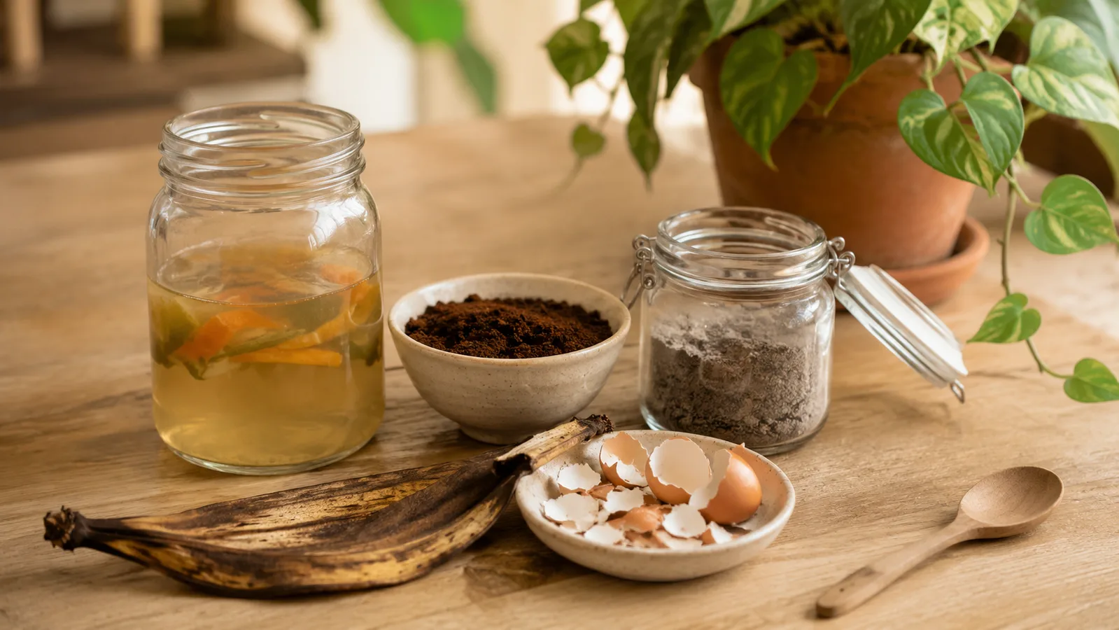 Composition d'engrais naturels : marc de café, peau de banane, coquilles d'œufs et eau de cuisson