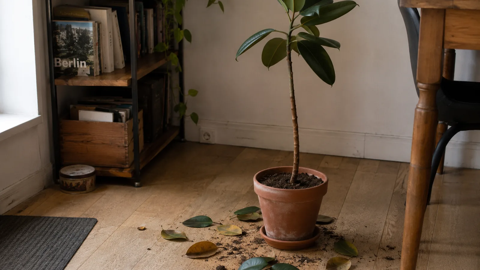 Fallen leaves at the base of an indoor plant