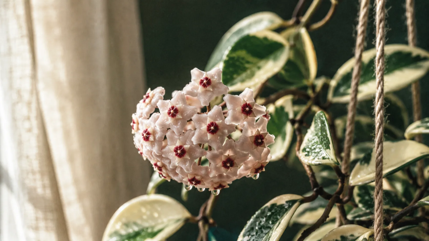 Hoya carnosa con hojas céreas y una umbela de flores rosadas en forma de estrella
