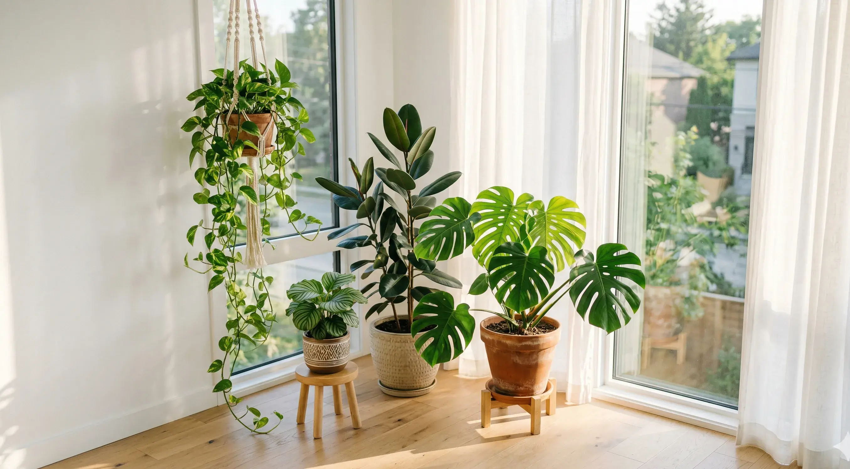 Indoor plants bathed in natural light near a large window