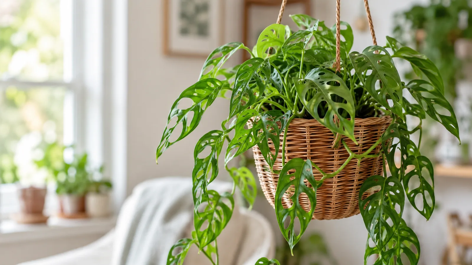 Monstera adansonii in a hanging basket with its hole-punched oval leaves