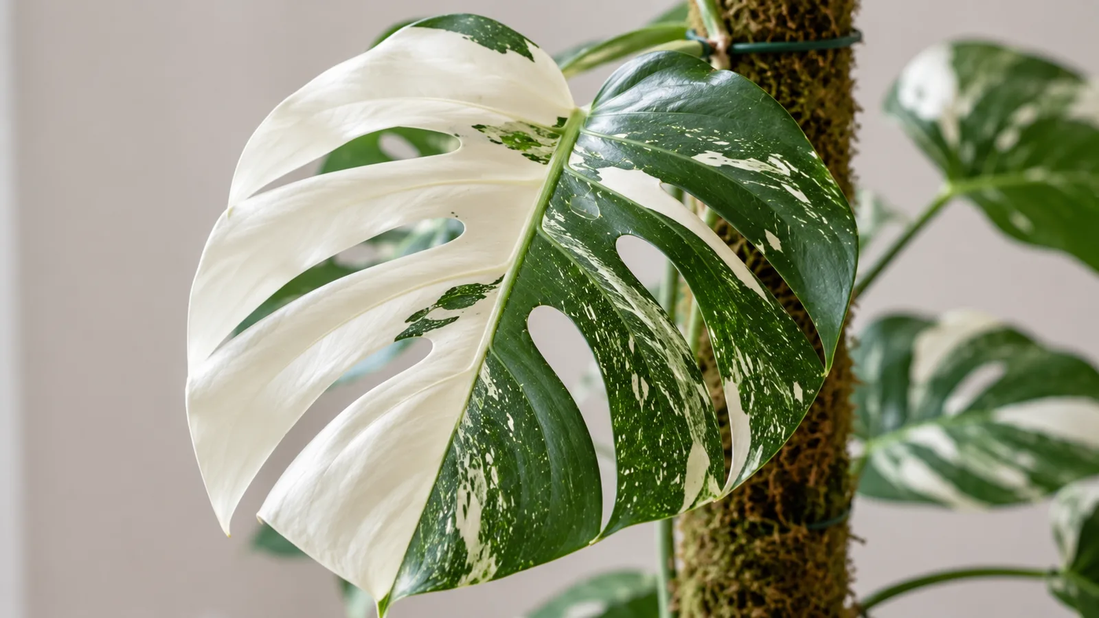 Monstera Albo Variegata leaf with large crisp white sectors