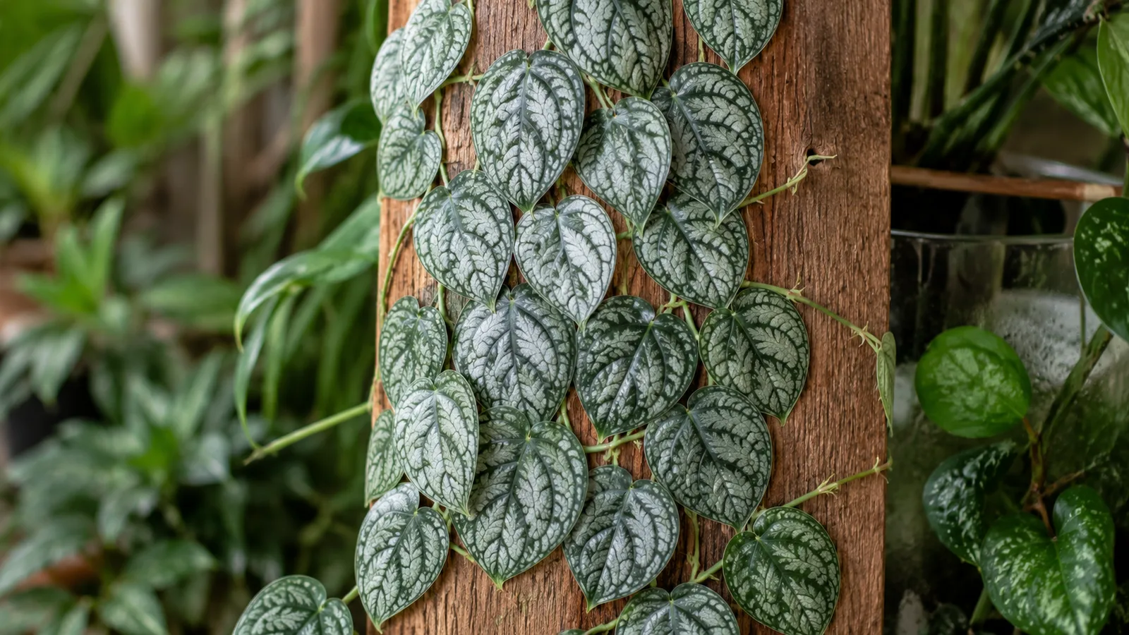Monstera dubia shingling its juvenile leaves flat against a flat support