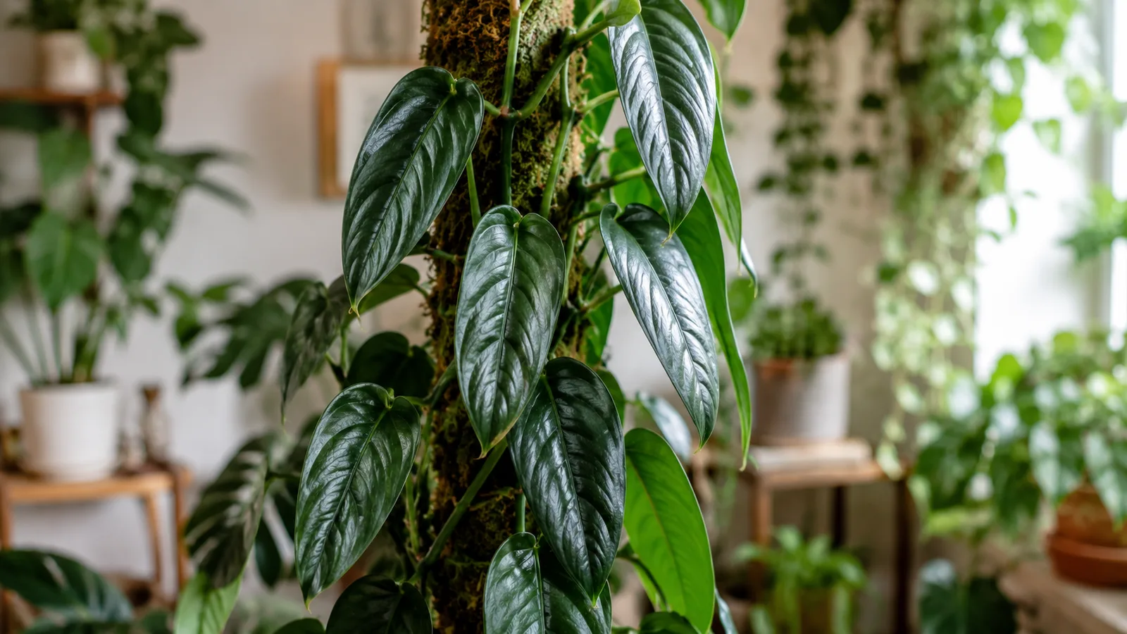 Monstera standleyana with glossy elongated dark-green leaves