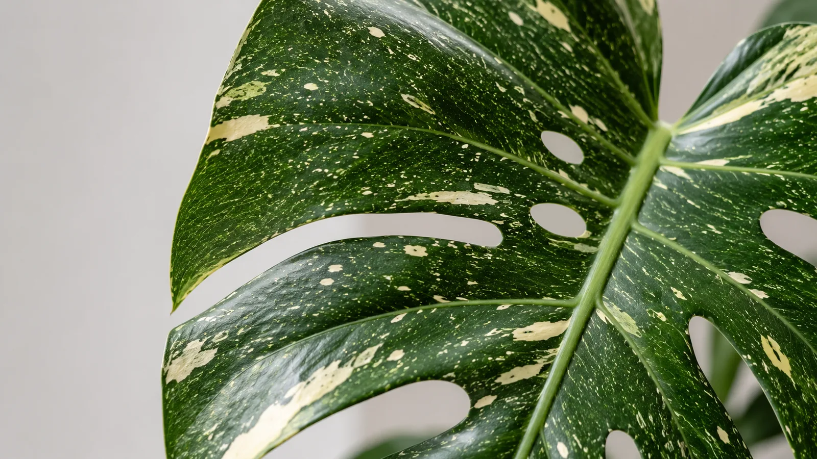Monstera Thai Constellation leaf speckled with cream constellation-like variegation
