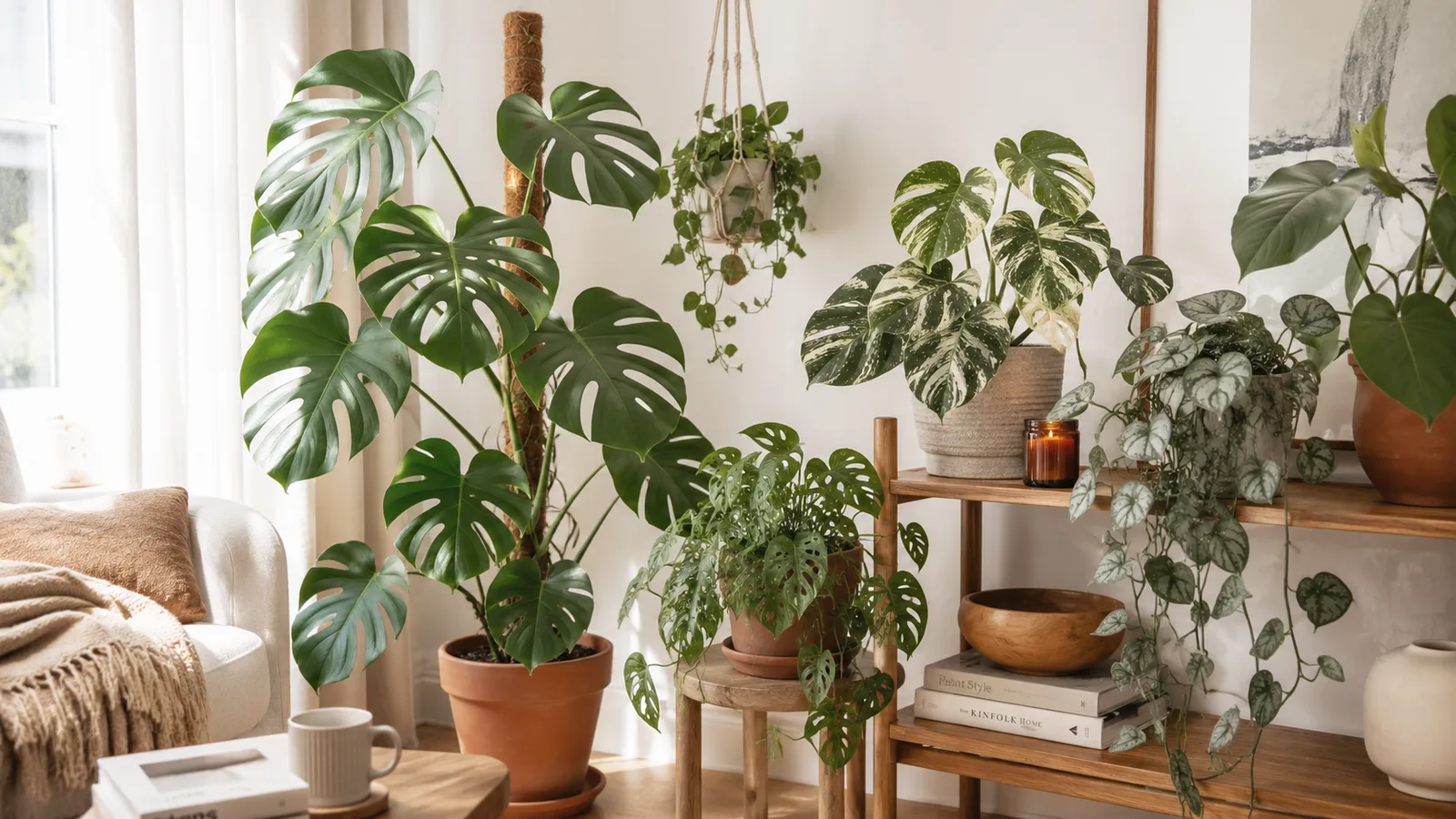 Bright living-room corner with several Monstera varieties: deliciosa on a moss pole, hanging adansonii, variegated and silvery forms