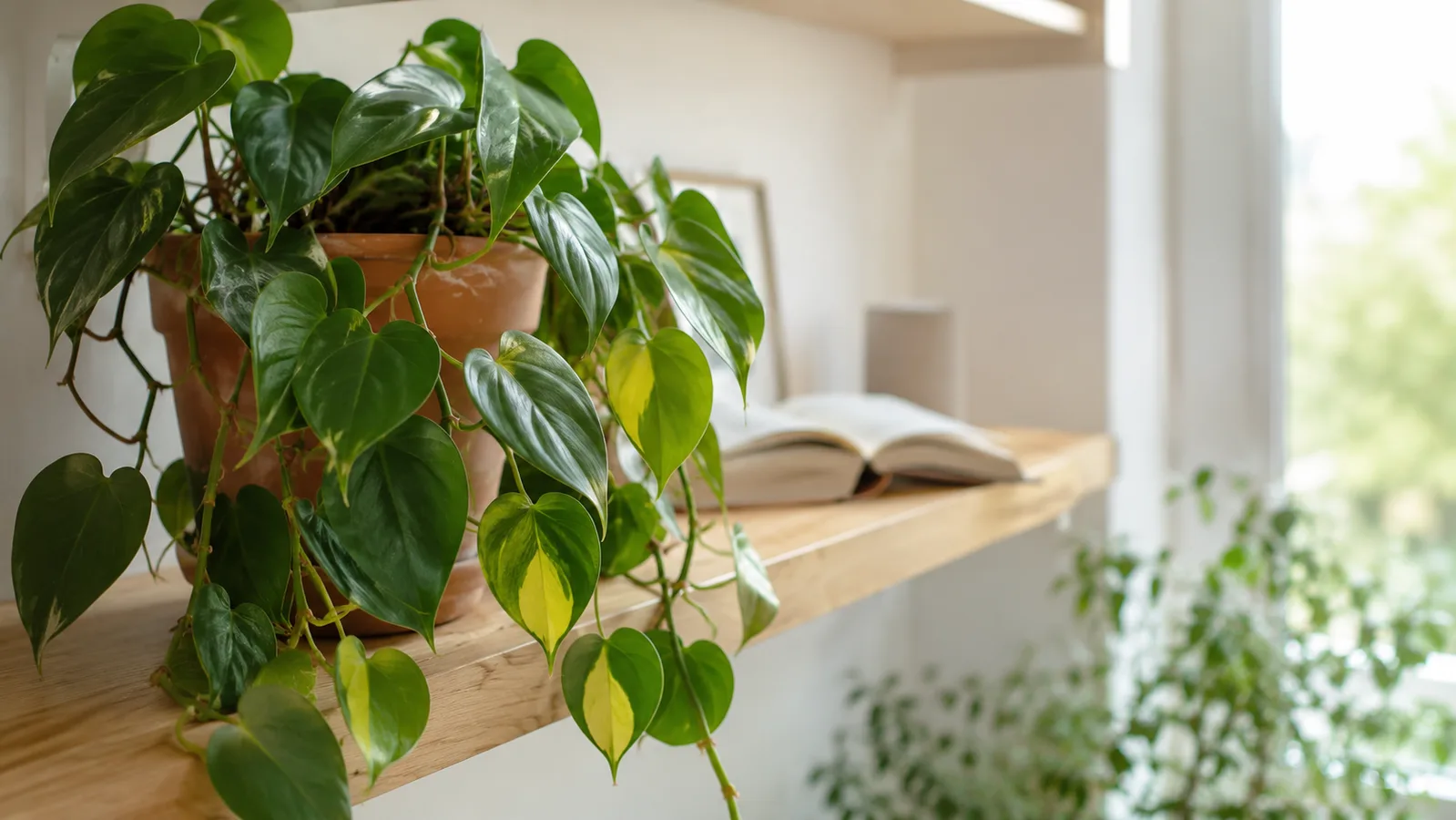 Philodendron scandens with long shiny green vines cascading down a shelf