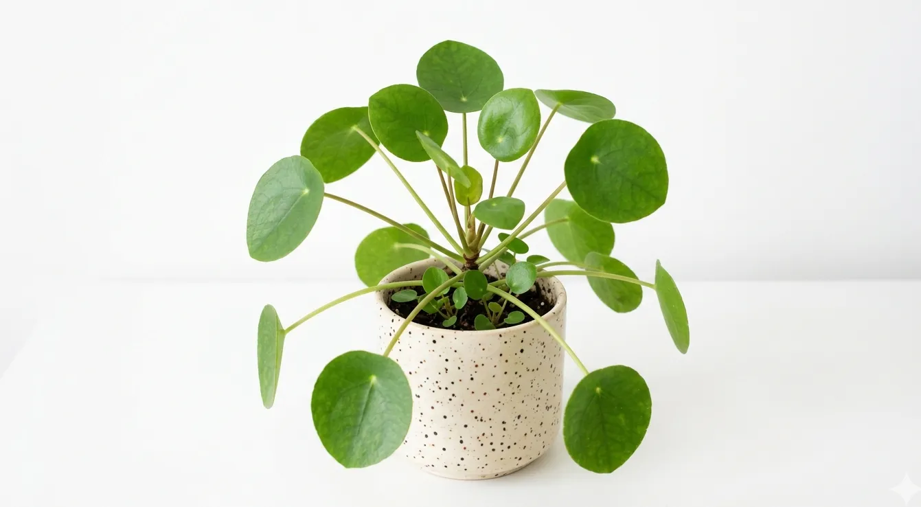Pilea Peperomioides aux feuilles rondes vert vif dans un pot en céramique