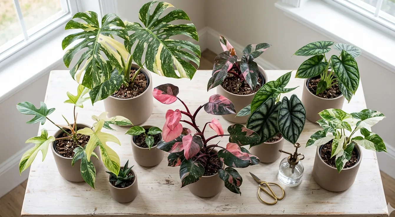 Collection de plantes rares aux feuillages panachés et texturés