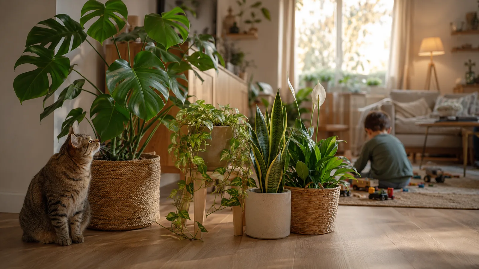 Living room with houseplants, curious cat and child in background, family atmosphere