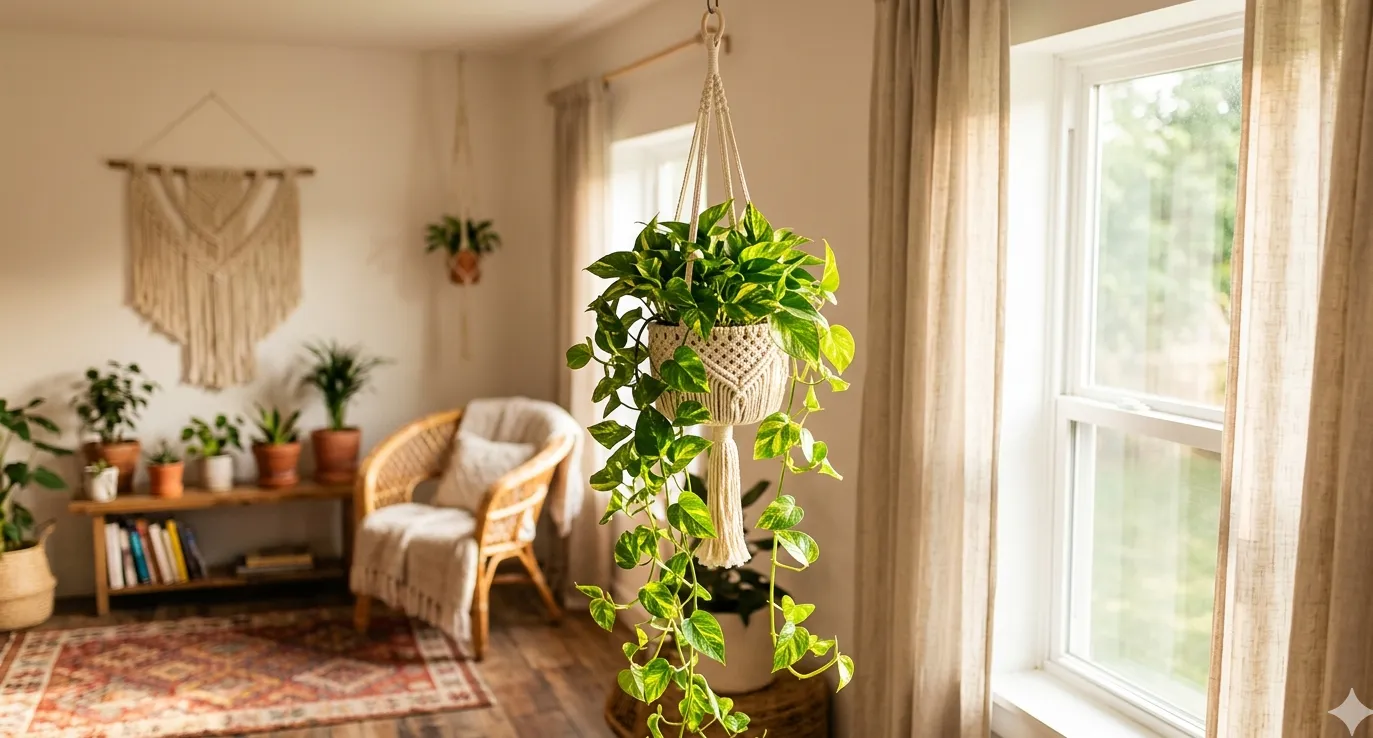 Pothos Golden aux longues lianes retombantes dans un pot suspendu