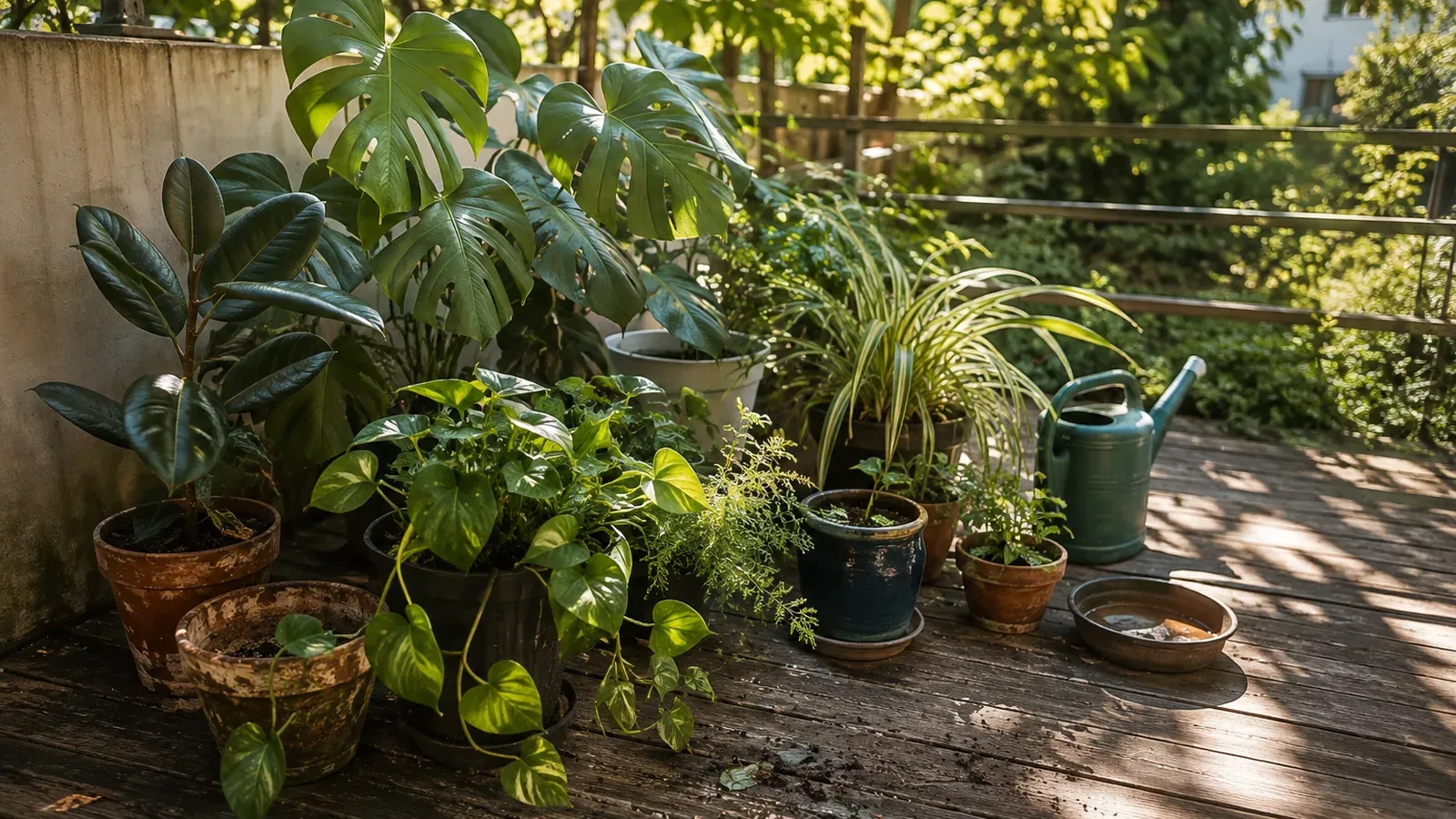 Plantes d'intérieur en pots regroupées sur une terrasse ombragée en plein été