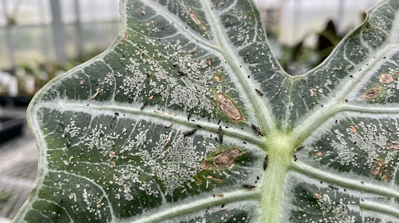 Gros plan sur une feuille de plante endommagee par des thrips