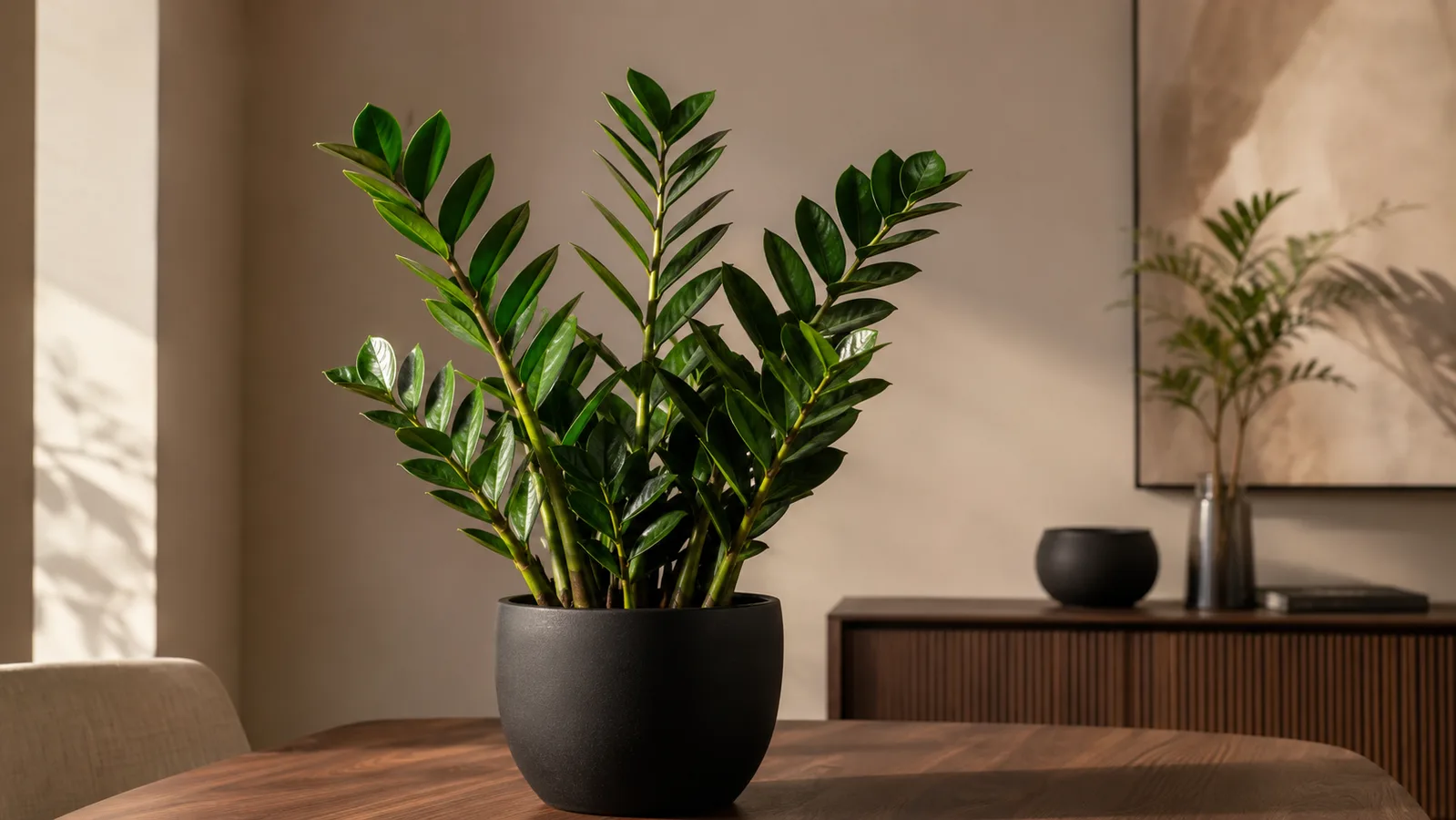 Zamioculcas zamiifolia with upright stems and glossy dark green leaves in a black pot