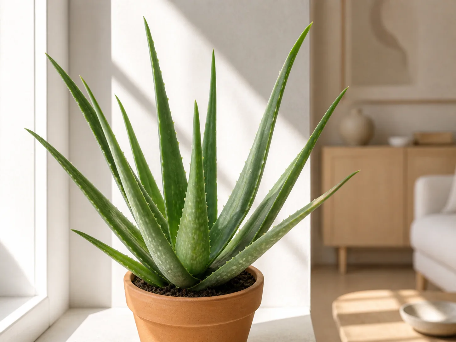Aloe vera avec ses feuilles charnues vert-gris en rosette