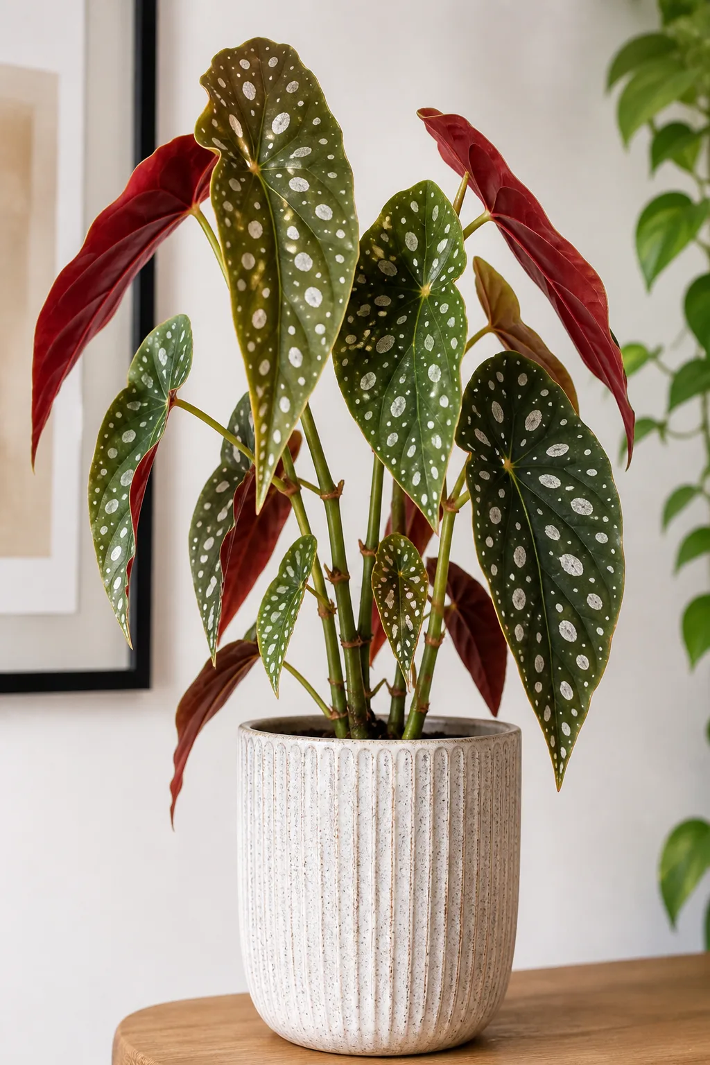 Begonia maculata aux feuilles vertes tachetées d'argent et dessous rouge