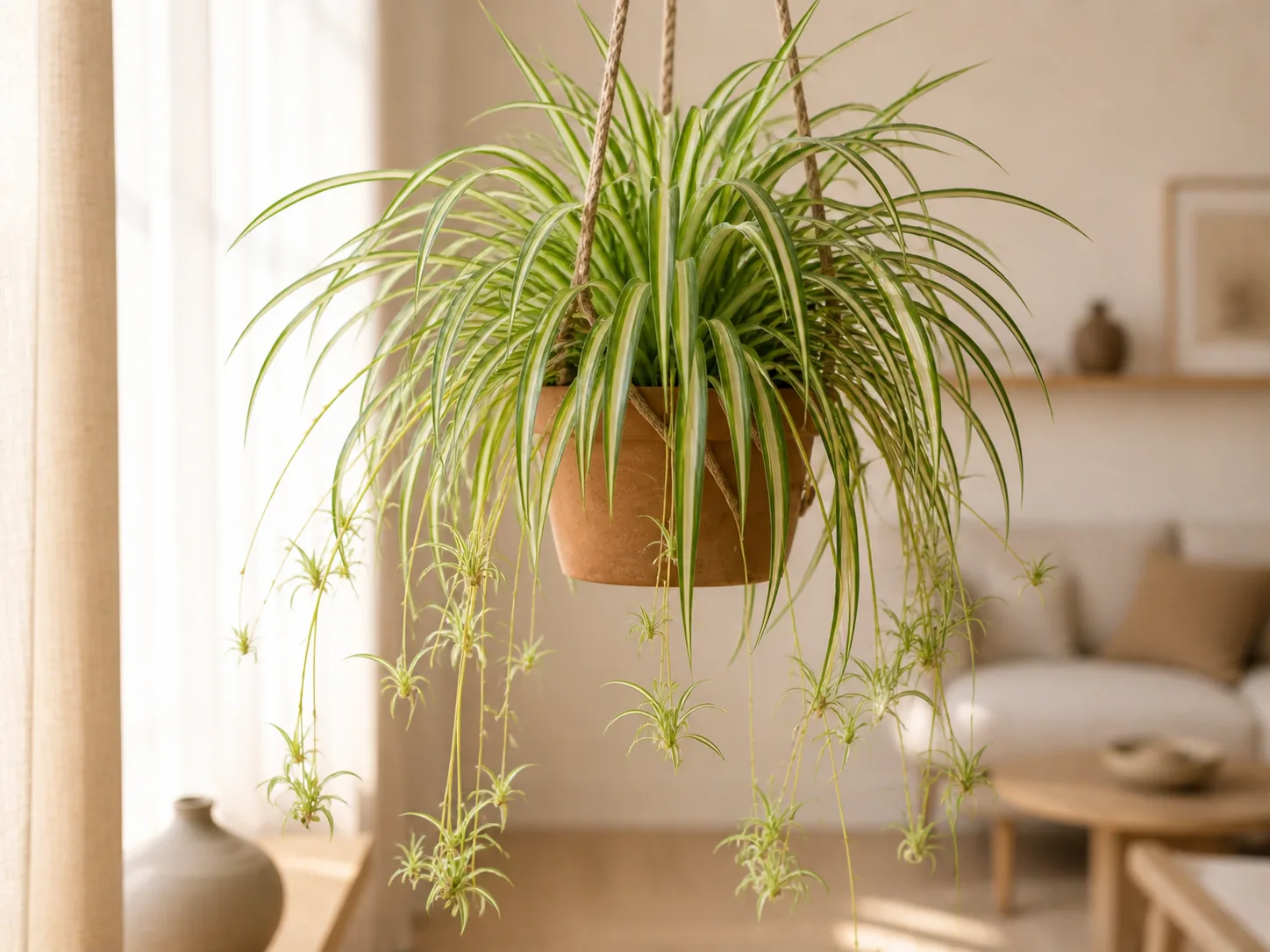 Chlorophytum comosum aux feuilles panachées et hampes de bébés
