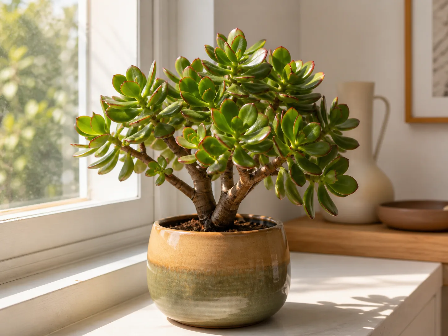 Crassula ovata (arbre de jade) avec ses feuilles charnues vert-gris