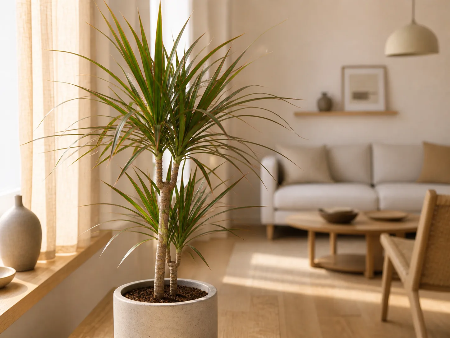 Dracaena marginata avec ses feuilles fines bordées de rouge