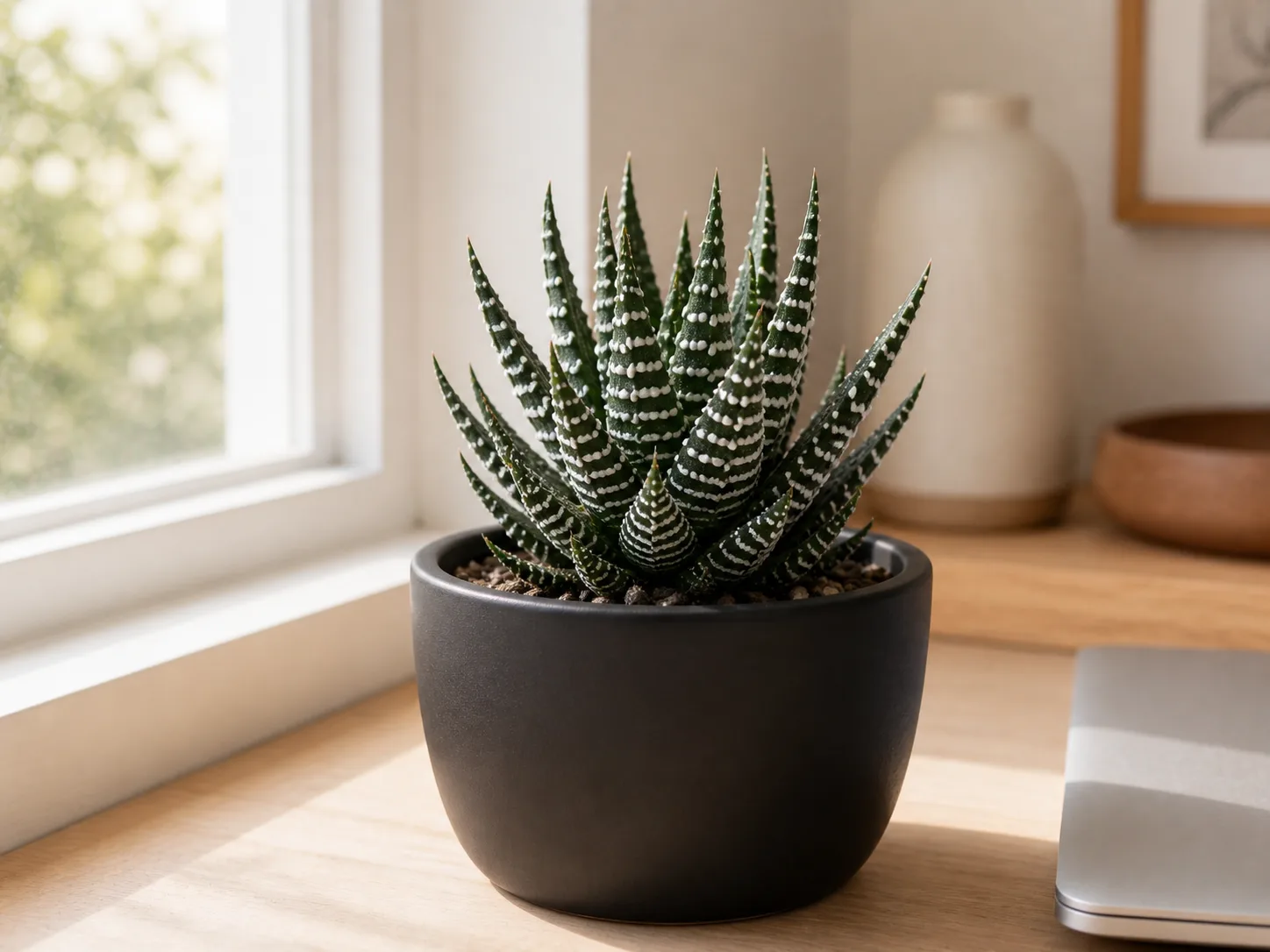 Haworthia avec ses feuilles charnues vertes striées de blanc