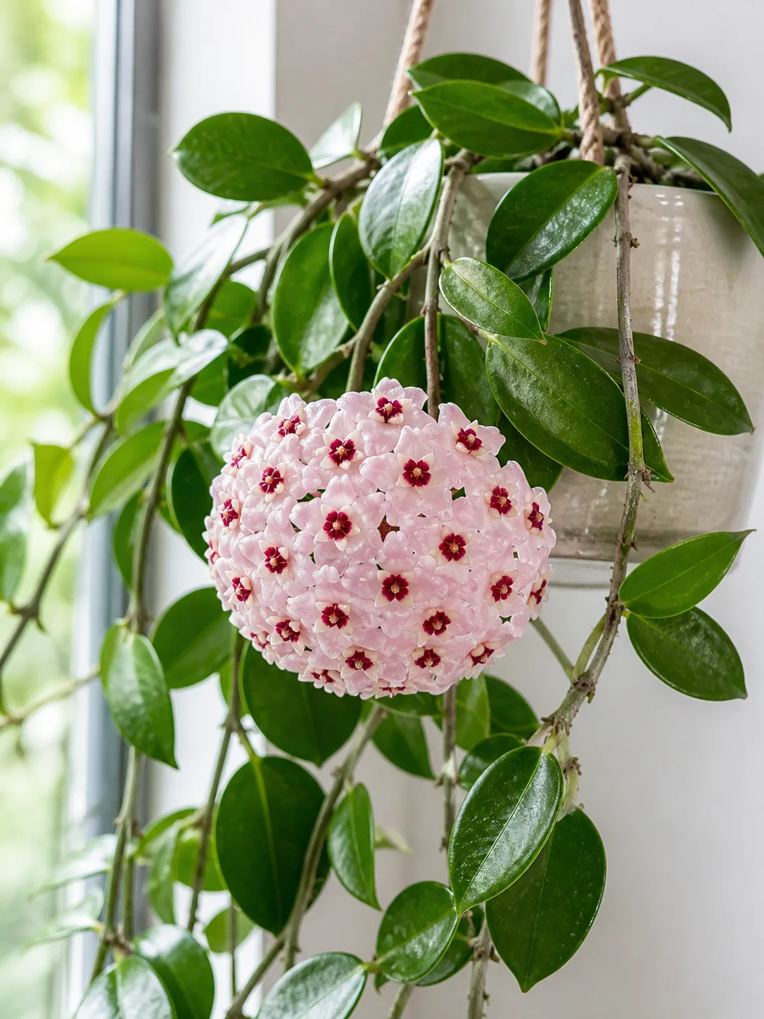 Hoya carnosa avec ses feuilles cireuses et ombelles de fleurs étoilées