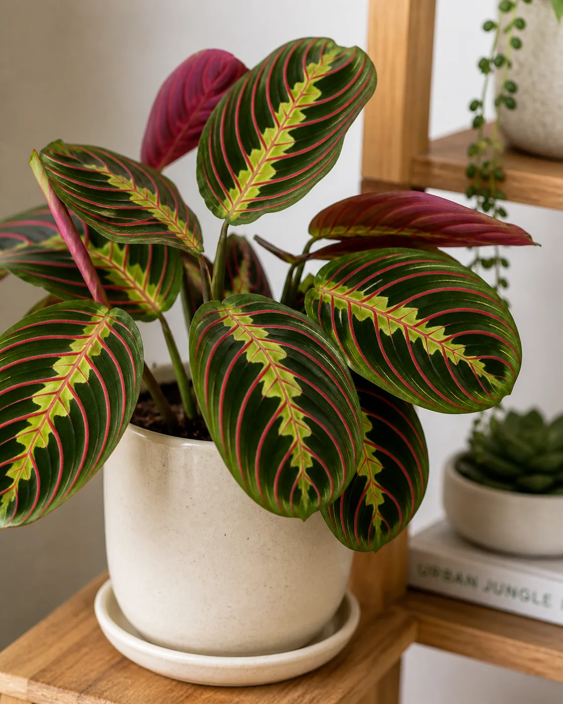 Maranta leuconeura avec ses feuilles veinées rouge et vert