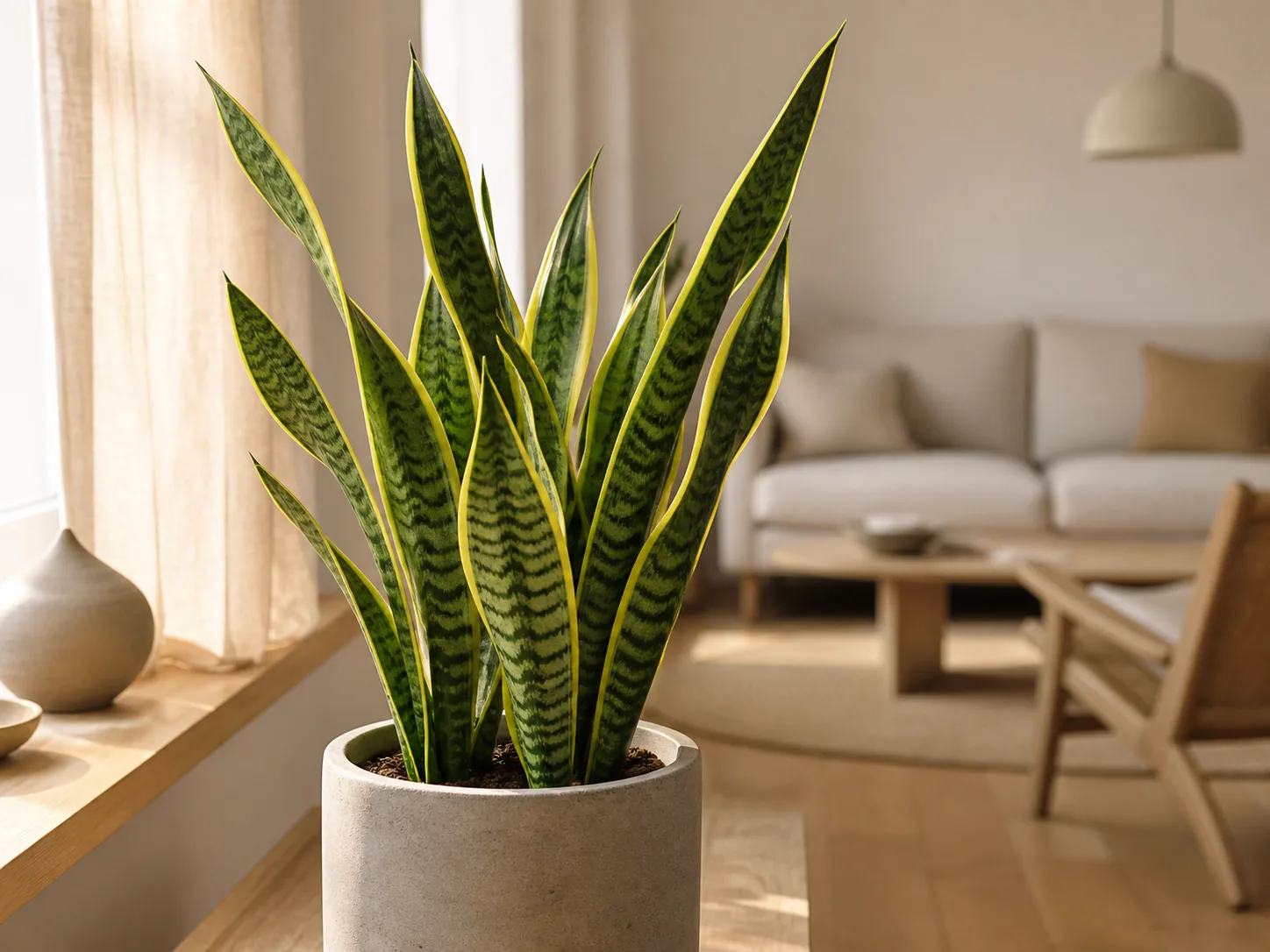 Sansevieria trifasciata aux feuilles dressées vert-jaune