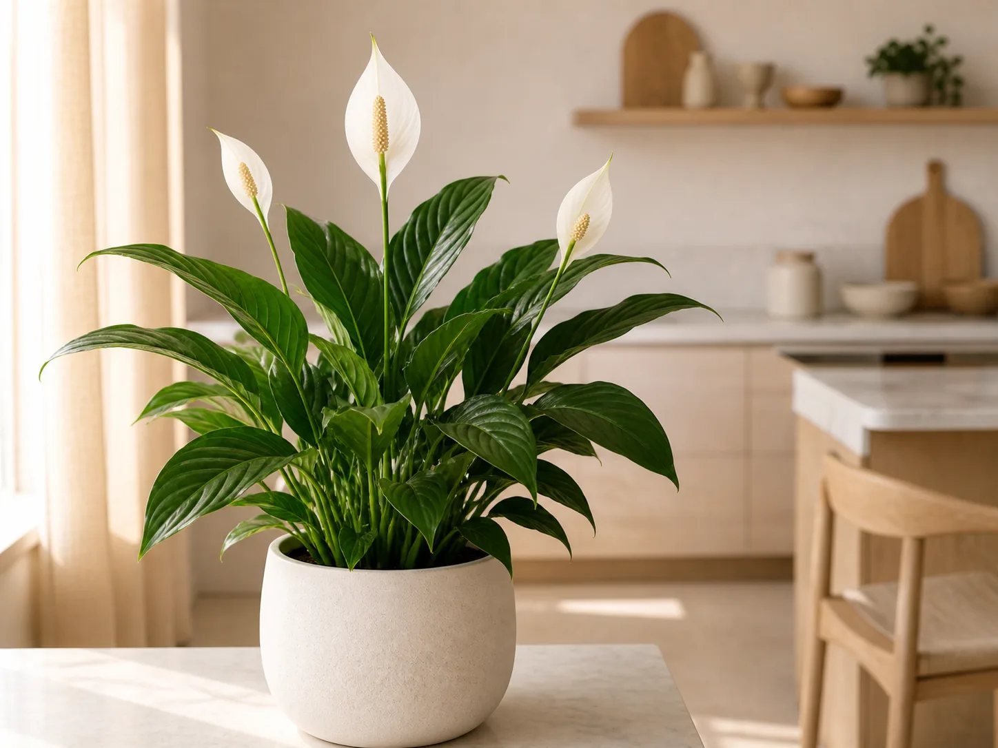 Spathiphyllum (fleur de lune) avec ses feuilles vertes brillantes et fleurs blanches